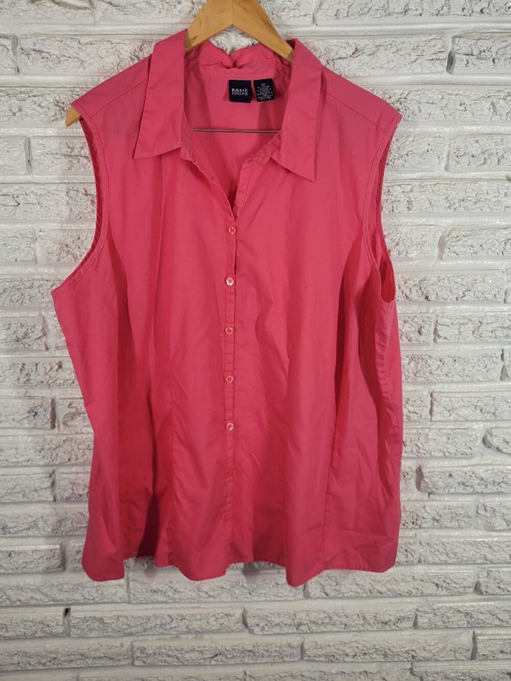 Basic Editions 2X Pink Button Up Shirt Sleeveless Cotton Blend Collared PIN29E